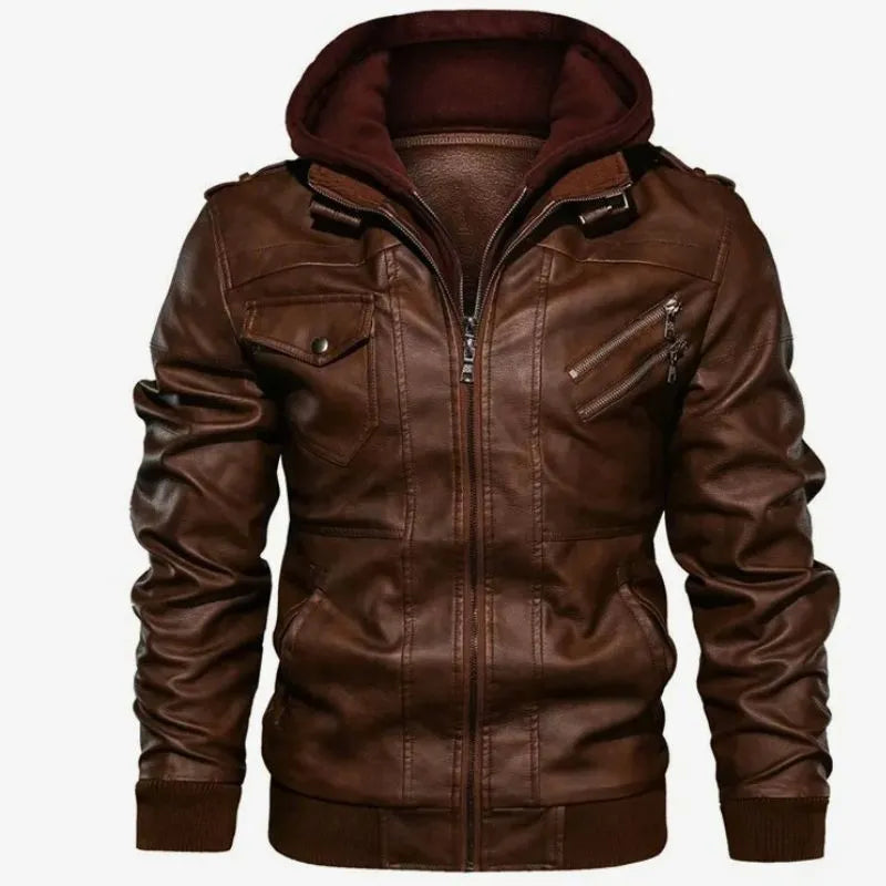 PU Synthetic Leather Hooded Jacket for Men
