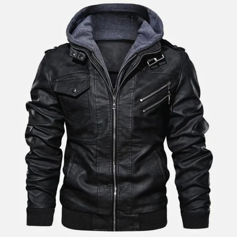 PU Synthetic Leather Hooded Jacket for Men