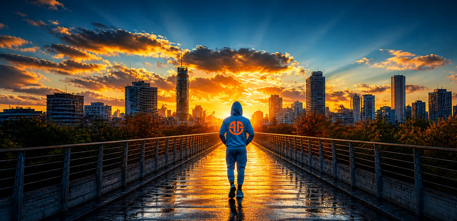 Person in a blue jacket with a logo walking on a bridge at sunset over a cityscape